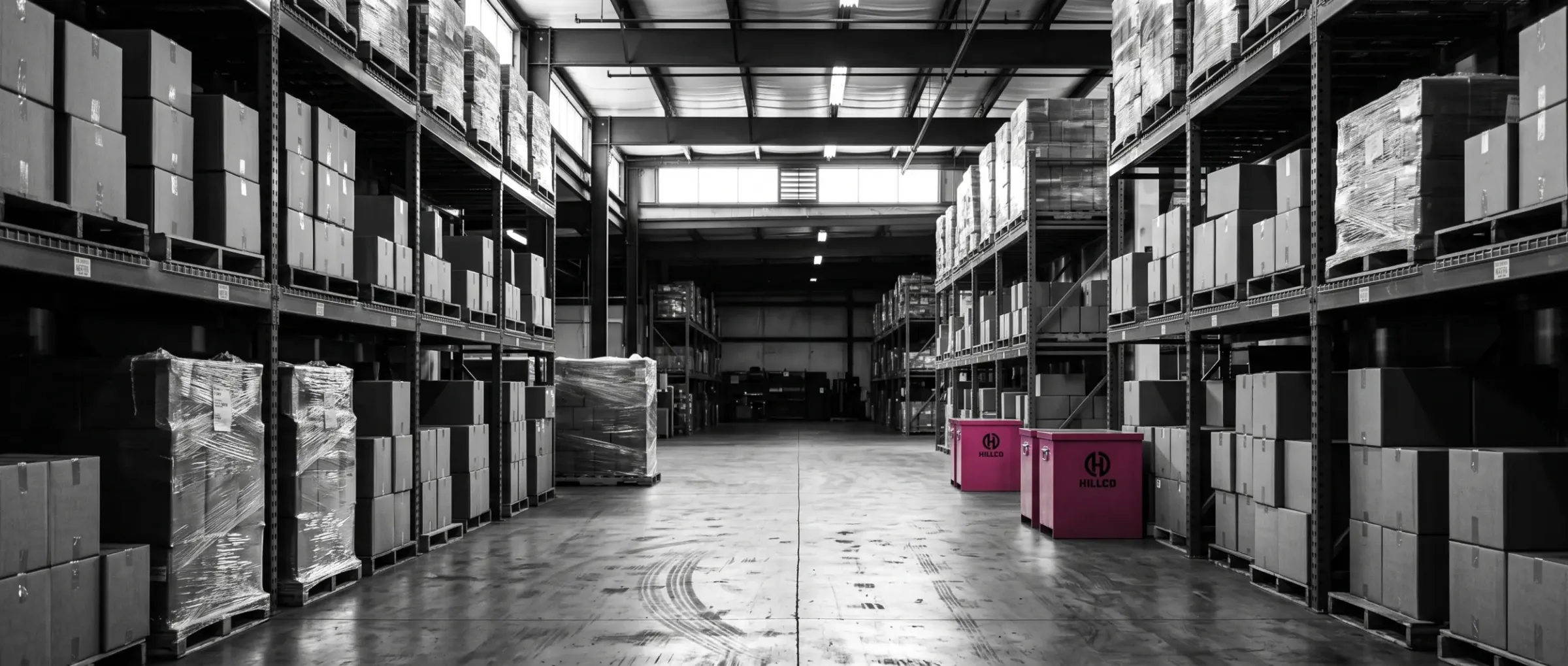 A long warehouse aisle of racked and shrink-wrapped stock with two pink Hillco gang boxes on the right