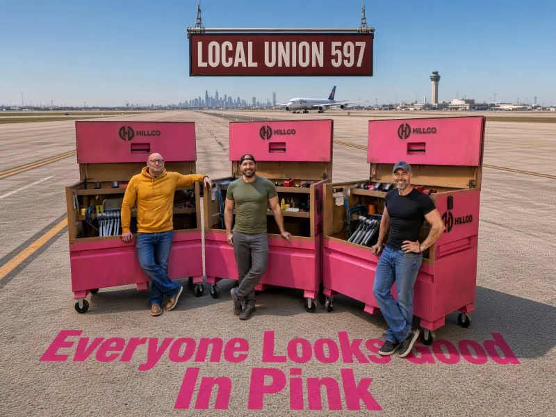 Three Local 597 union workers standing with pink Hillco gang boxes on an airport runway, with the Chicago skyline behind them