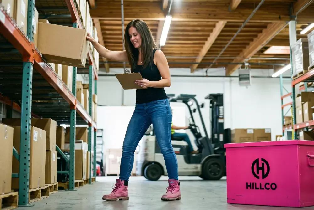 Nikki Liddy pulling a boxed heater off a rack in the Hillco warehouse, forklift behind her, a pink Hillco gang box in the foreground